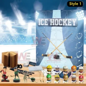 Advent calendar style one themed around Ice Hockey with hockey sticks and small collectibles.