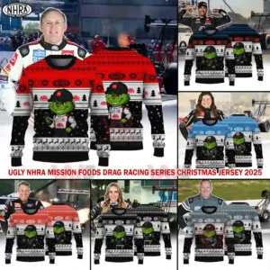 Holiday racing sweaters with a green character shown alongside drag racers standing near their vehicles!