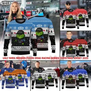 NHRA x Grinch Ugly Christmas Sweater 3 Christmas racing sweaters displayed next to drag racers in front of their high speed vehicles!