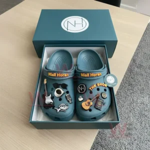 Niall Horan themed teal Crocs with decorative charms in an open box on a light wood table!