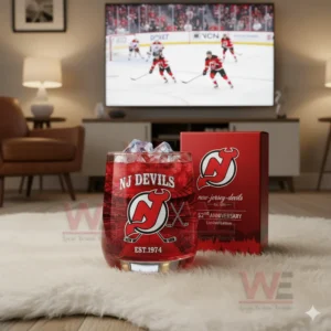Red New Jersey Devils drink glass on white rug with hockey game on television!
