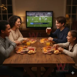 North Carolina Tar Heels Heritage Platter Board 3 A family enjoys assorted snacks on emblem shaped wooden trays while watching a sports game on a screen!