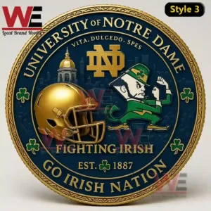 Notre Dame Fighting Irish 138th Anniversary Coin 6 University of Notre Dame Fighting Irish coin with leprechaun mascot golden helmet and school logo on a blue background!