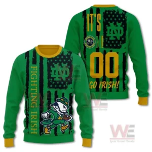 Alt text: A Christmas sweater with green and black stripes, featuring the Notre Dame logo and a leprechaun mascot.