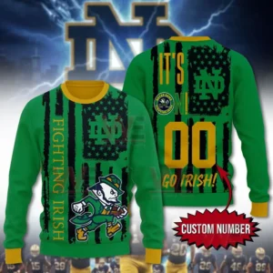 Notre Dame Fighting Irish Go Irish Christmas Sweater 5 Alt text: A Notre Dame Christmas sweater with a leprechaun mascot, the university's logo, and a customizable number on the back.