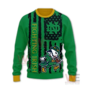 Notre Dame Fighting Irish Go Irish Christmas Sweater 7 Alt text: A Notre Dame Christmas sweater featuring the leprechaun mascot, green and black stripes, and the school's logo.