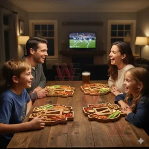 Notre Dame Fighting Irish Heritage Platter Board 3 A family enjoys assorted snacks on emblem shaped wooden trays while watching a sports game on a screen!