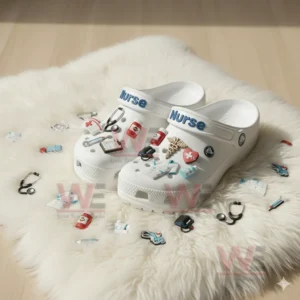Nurse-themed Crocs decorated with medical-related charms.