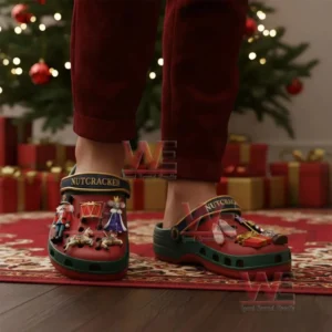 Nutcracker Premium Crocs Croband Clogs with Charms 8 Nutcracker themed clogs worn in a cozy Christmas setting with a decorated tree and gifts.!