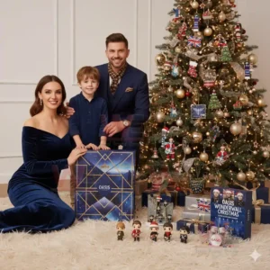 Family celebrating Christmas with an Oasis Wonderwall advent calendar and themed decorations near a decorated tree.