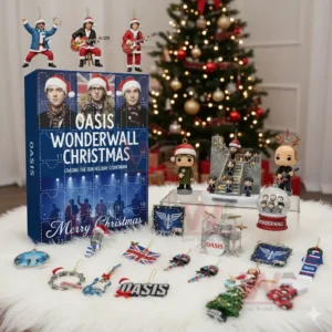 Oasis Wonderwall advent calendar with themed ornaments and mini band figures on display near a Christmas tree.