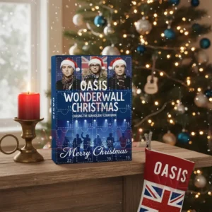 Oasis Wonderwall advent calendar with candle and stocking on a table in front of a Christmas tree.
