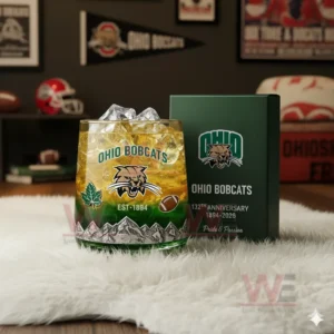 Ohio Bobcats anniversary glass with ice on a white rug in a sports decorated room!