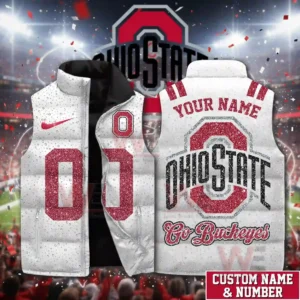 A white Ohio State Buckeyes themed puffer vest with red numbers and a bold team emblem shown in a festive stadium backdrop!