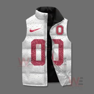 A front facing white puffer vest with red glitter numbers and Ohio State branding shown on a gray background!