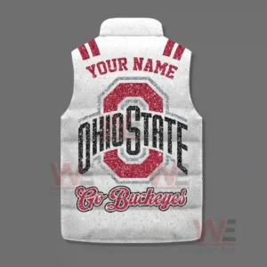 A back facing white puffer vest with a large Ohio State emblem red name text and Go Buckeyes phrase displayed on a gray background!