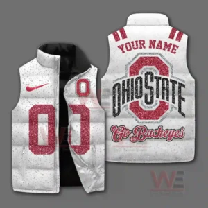 A white Ohio State Buckeyes puffer vest shown from front and back with red numbers and a bold team emblem on a gray background!