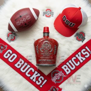 A red Ohio State bottle sits on a white rug with a football a cap and red team scarves around it!