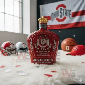 A red Ohio State bottle sits on a white rug with helmets a basketball and a banner behind it!