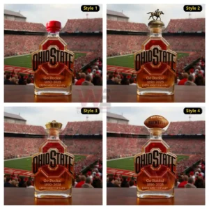 Four Ohio State bottles with different toppers stand on a surface overlooking a crowded football stadium.