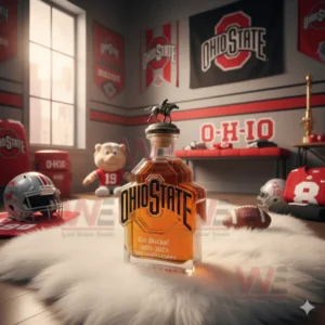 Ohio State Buckeyes Go Bucks 1890-2025 135th Anniversary Whiskey Bottle 6 An Ohio State bottle with a horse topper sits on a rug in a room filled with Ohio State decorations.