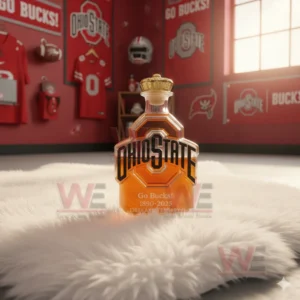 Ohio State Buckeyes Go Bucks 1890-2025 135th Anniversary Whiskey Bottle 8 An Ohio State bottle with a crown topper stands on a white rug in a red Ohio State decorated room.