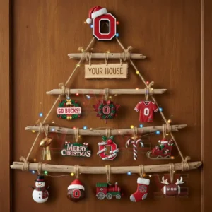 Ohio State Buckeyes Rustic Wall Christmas Tree 3 Alt text: Ohio State Buckeyes-themed rustic Christmas tree with lights and decorations, displayed on a wall.