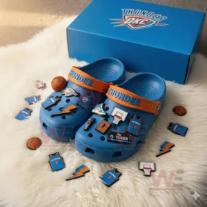 Oklahoma City Thunder-themed Crocs decorated with basketball-related charms.