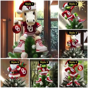 A collage of Oklahoma Sooners themed Christmas tree toppers showing mascot figures and a green character dressed in red Santa clothes and OU logos!