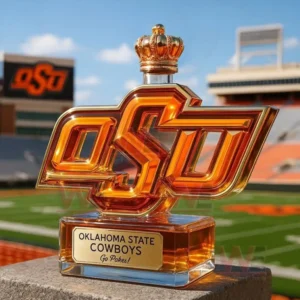 An orange OSU bottle with a crown cap sits on a ledge overlooking a football stadium!