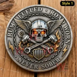 Metal coin with skull wings pistons gears and fiery accents surrounded by rum related text!