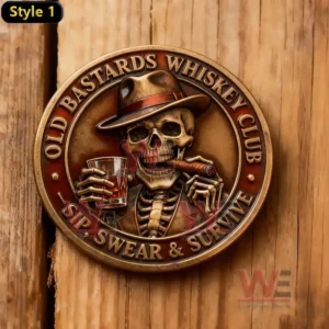 Alt text: A coin with a skeleton holding a whiskey glass and cigar, with the text "Old Bastards Whiskey Club - Sip, Swear & Survive."