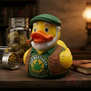 Rubber duck designed as an old bearded man wearing a green cap and vest smoking a cigar with a cannabis club badge on the chest!