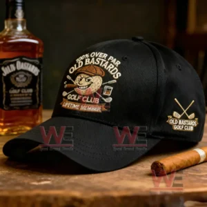 Old Bastards Golf Club Lifetime Member Cap hat 14 Black Old Bastards Golf Club cap with cigar and whiskey bottle on table.