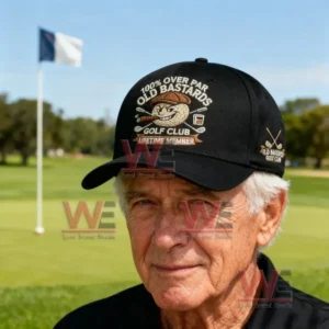 Old Bastards Golf Club Lifetime Member Cap hat 13 Older man wearing black Old Bastards Golf Club cap on golf course.