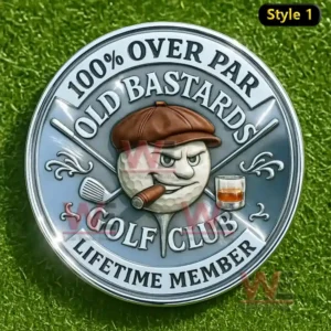 Old Bastards Golf Club Lifetime Member silver coin featuring a golf ball mascot with cigar and whiskey glass on grass background!