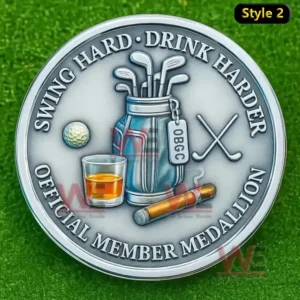 Old Bastards Golf Club Official Member coin showing golf bag clubs whiskey glass and cigar on green grass background!