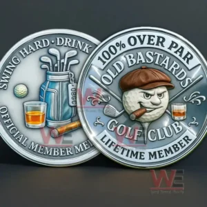Old Bastards Golf Club double sided challenge coin displaying mascot and golf equipment designs for members!