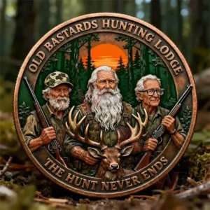 A round emblem with three older hunters and a deer set before a forest and sunset. `