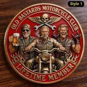 A detailed motorcycle club coin showing three rugged riders and a winged skull emblem.