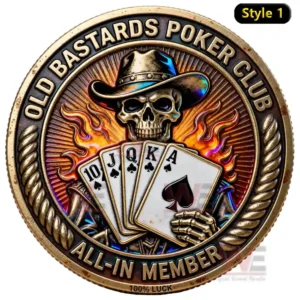 A commemorative coin showcasing a skeleton cowboy holding a royal flush (10, Jack, Queen, King, and Ace) of spades, with flames in the background and "Old Bastards Poker Club" written along the top.
