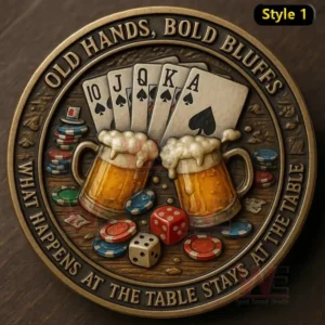 A decorative coin featuring a spade card set beer mugs and gaming pieces resting on a textured table!