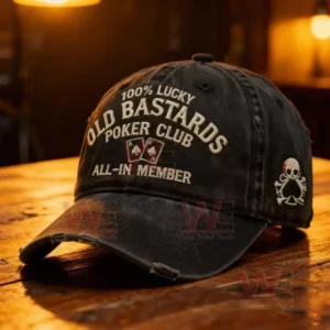 Black distressed poker themed cap with embroidered text and card graphics.