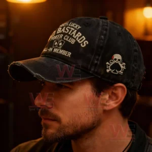 Side view of man wearing black distressed poker themed cap.