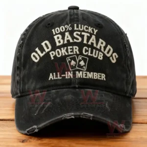 Front view of black distressed cap with poker themed embroidery.