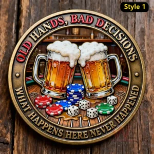A detailed motorcycle themed coin with three rugged bikers and a winged skull emblem on a red background.