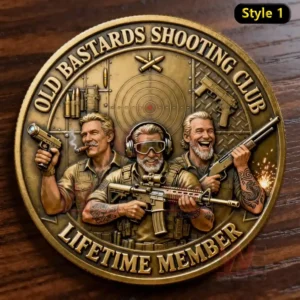 Detailed gold colored coin on a wooden surface showing three armed older men in tactical style clothing with a target design and gun icons behind them and club membership text circling the rim!