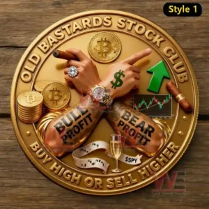 A gold badge featuring crossed arms with cigars surrounded by coins and market themed graphics on a wooden surface!