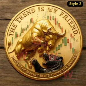 Old Bastards Stock Club Coin 3 A gold badge showing a bull attacking a bear with market chart graphics in the background placed on a wooden surface! `