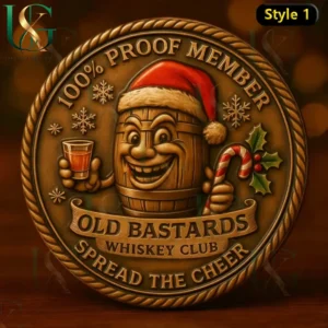 Festive whiskey club coin with a joyful barrel character holding a drink and holiday candy surrounded by Christmas elements and engraved text!
